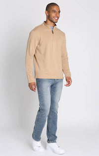 Cotton Modal Blend Quarter Zip Pullover in Camel