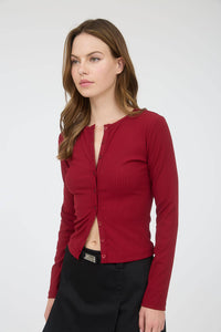 Ribbed Long Sleeve Button Down Knit Top Deep Red