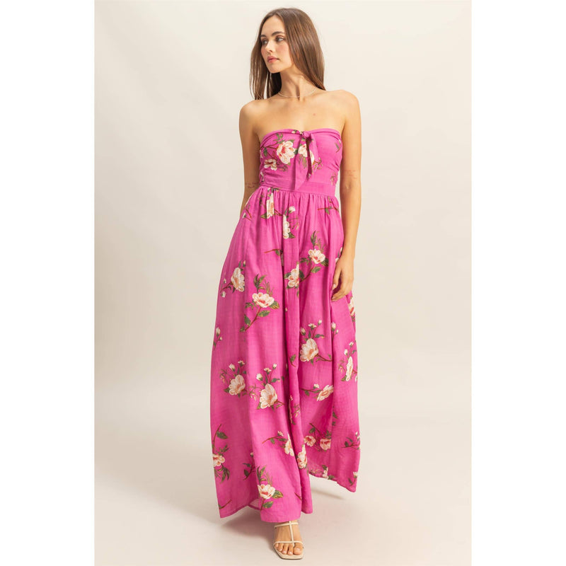 Floral Print Strapless Jumpsuit in Magenta
