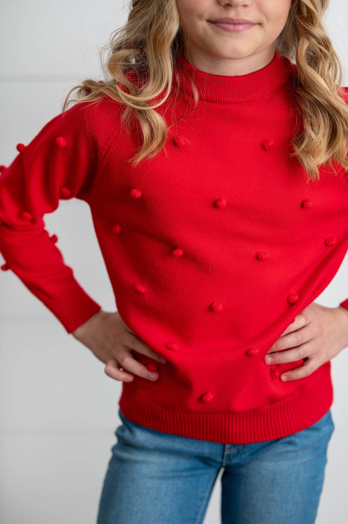 Kids Red Pom Pom Crewneck Sweater