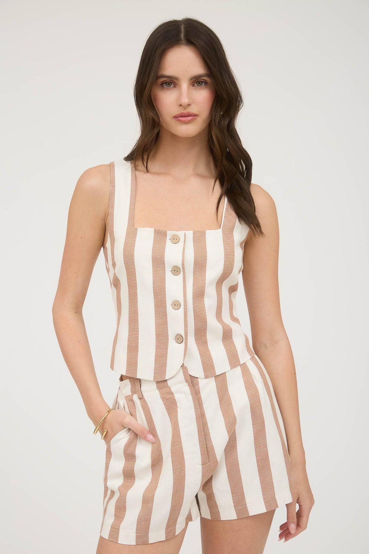 Stripe Button Down Sleeveless Linen Top in Navy