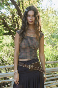 Plaid Short Sleeve Knit Top in Camel Multi
