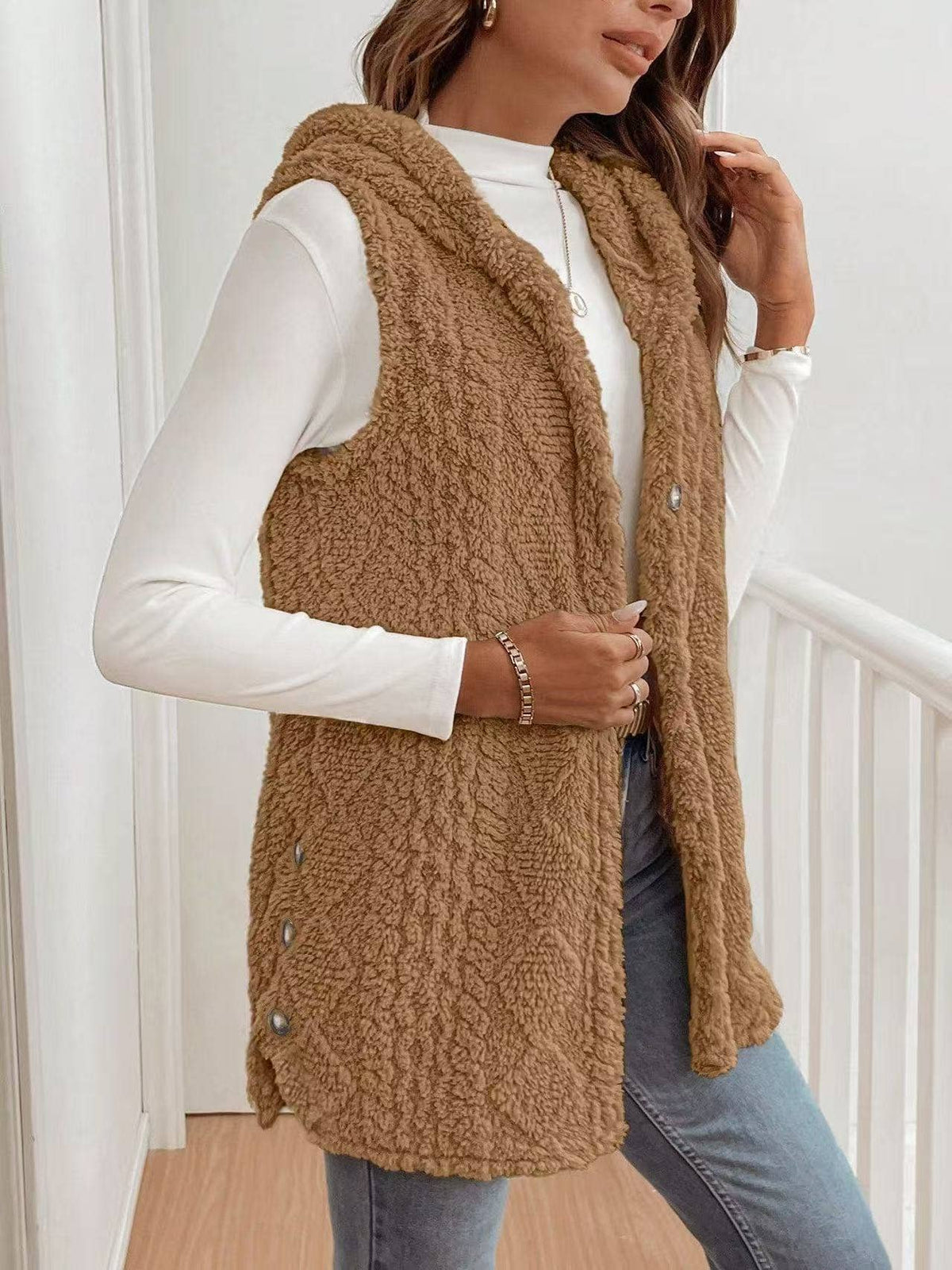 Hooded Fleece Vest in Brown
