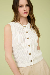 Crew Neck Button Down Sleeveless Knit Cardigan in Black