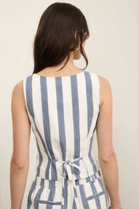 Stripe Button Down Sleeveless Linen Top in Navy