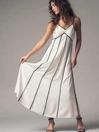 Striped White Maxi Dress with Contrast Piping in White/Black