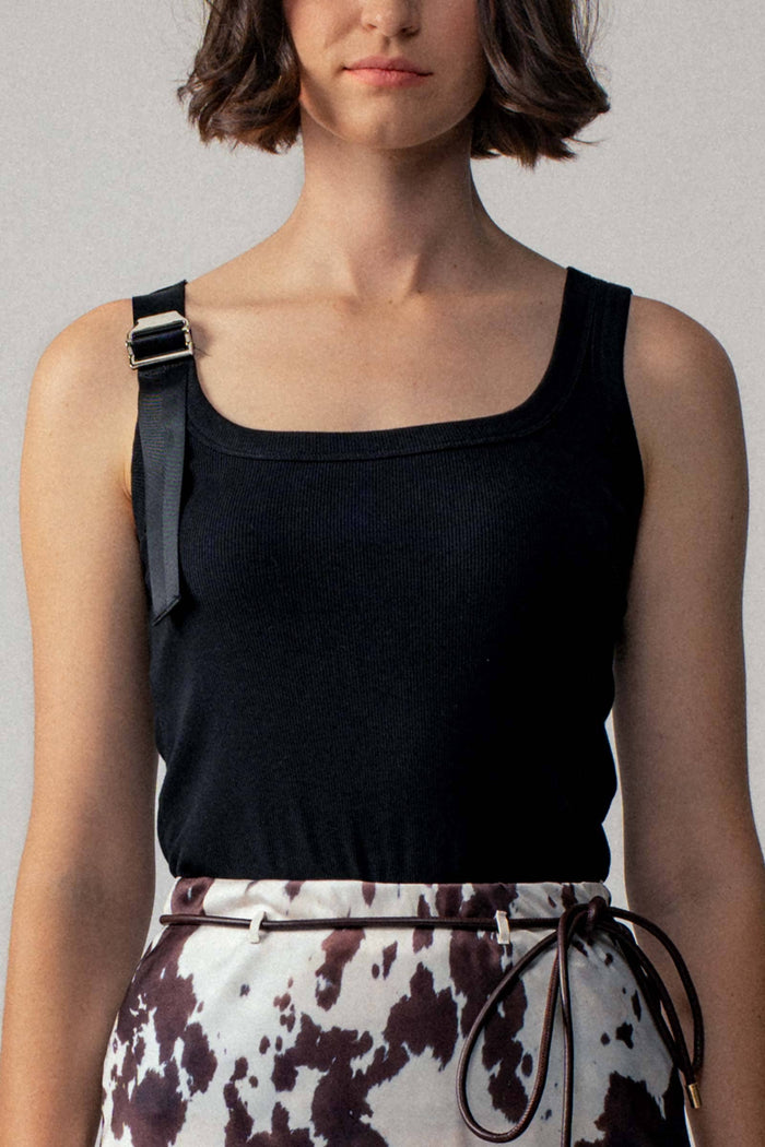 Ribbed Knit Tank Top with Buckle Strap in Black