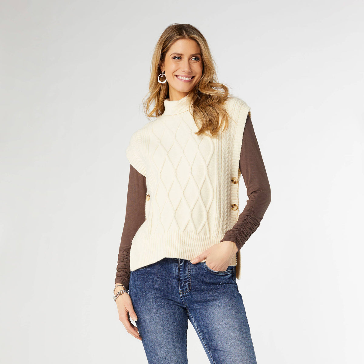Leora Sweater Vest with Side Buttons in Cream