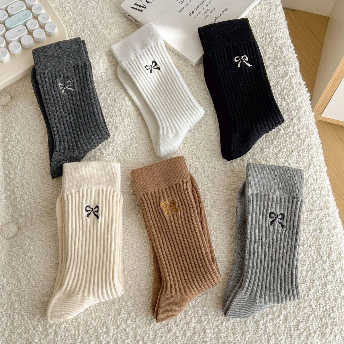 Bow Embroidered Crew Socks - Black, Beige, White Color Varieties