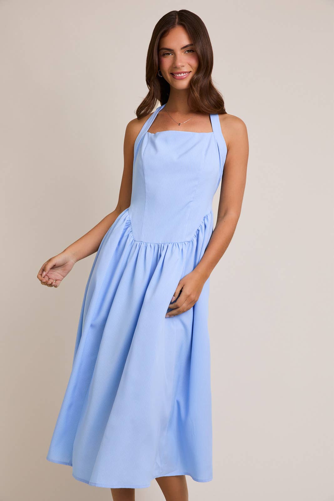Halter Neck Midi Dress in Light Blue Stripe