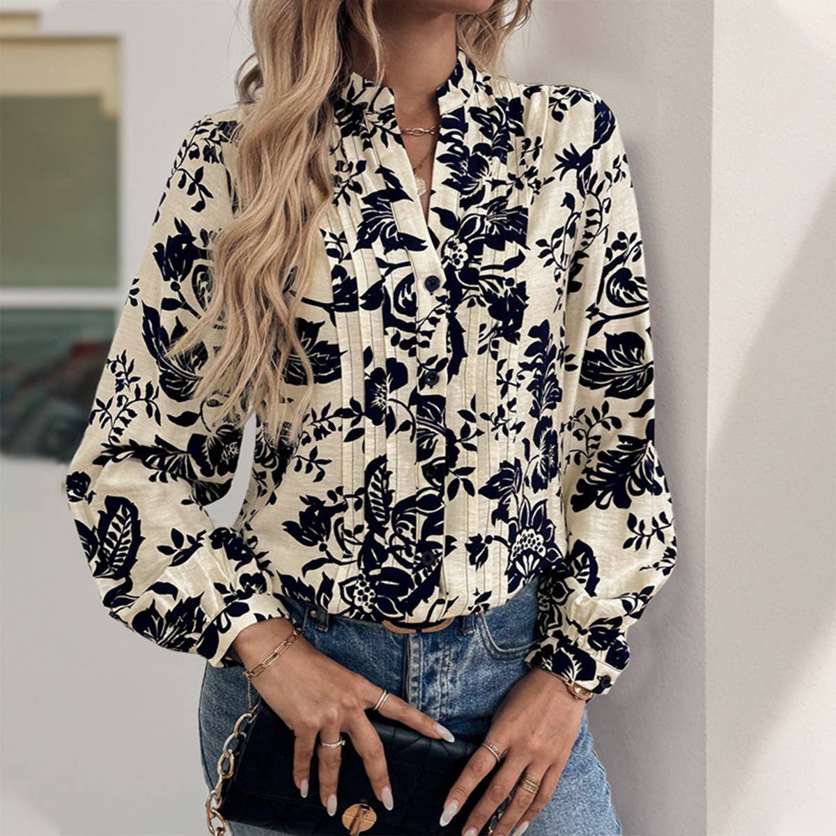 Vintage Printed Standing Collar Shirt in Navy Blue & White