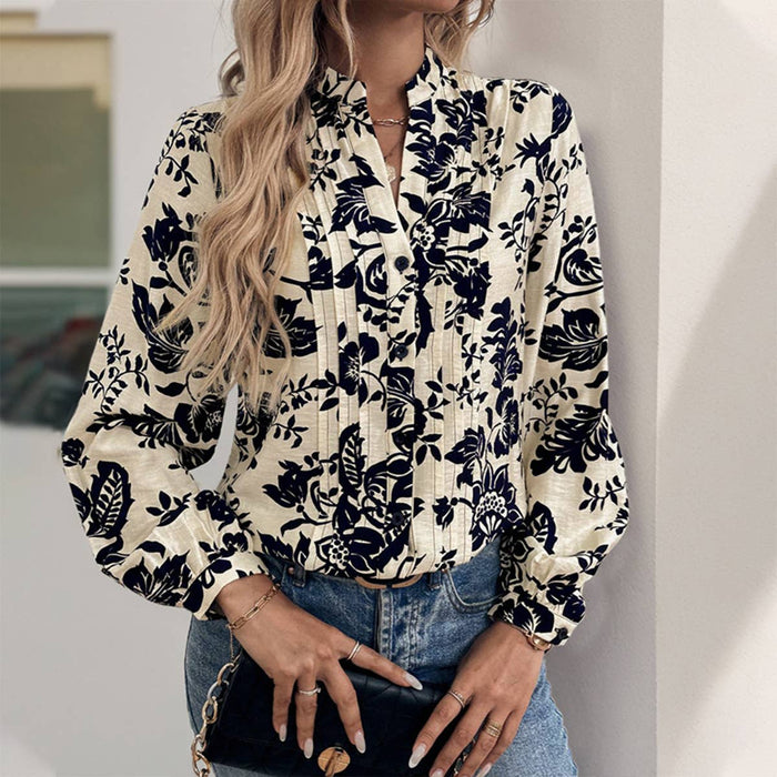 Vintage Printed Standing Collar Shirt in Navy Blue & White