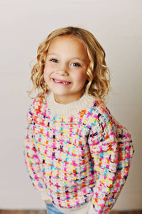 Girl’s Rainbow Colored Knit Texture Crew Neck Sweater