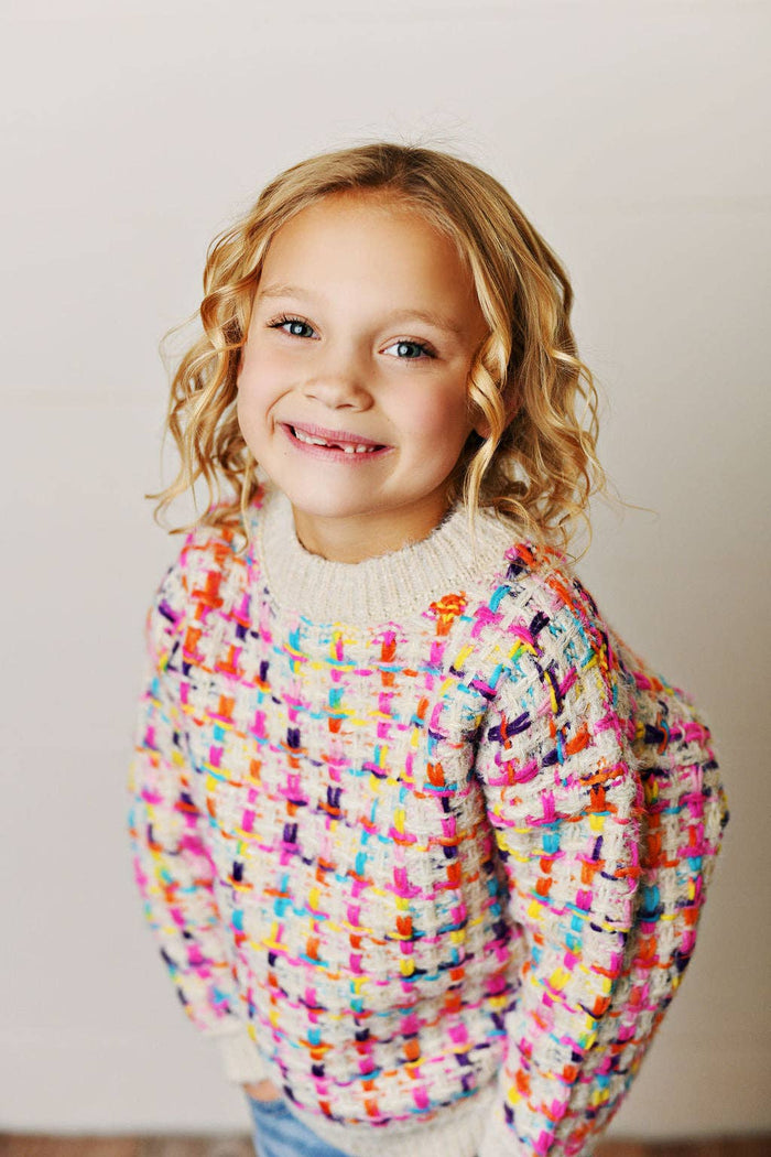 Girl’s Rainbow Colored Knit Texture Crew Neck Sweater