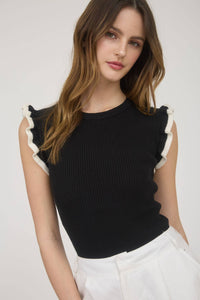 Ruffle Sleeve Sweater Knit Top in Black with Ruffle
