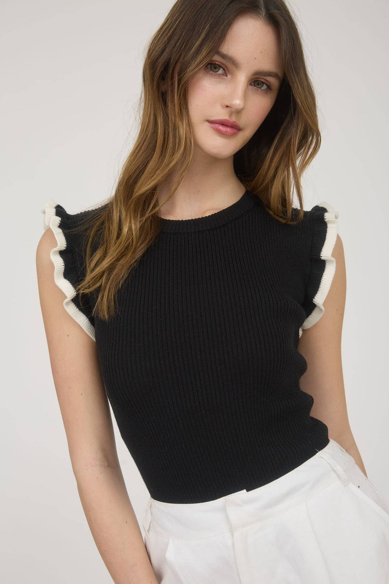 Ruffle Sleeve Sweater Knit Top in Black with Ruffle