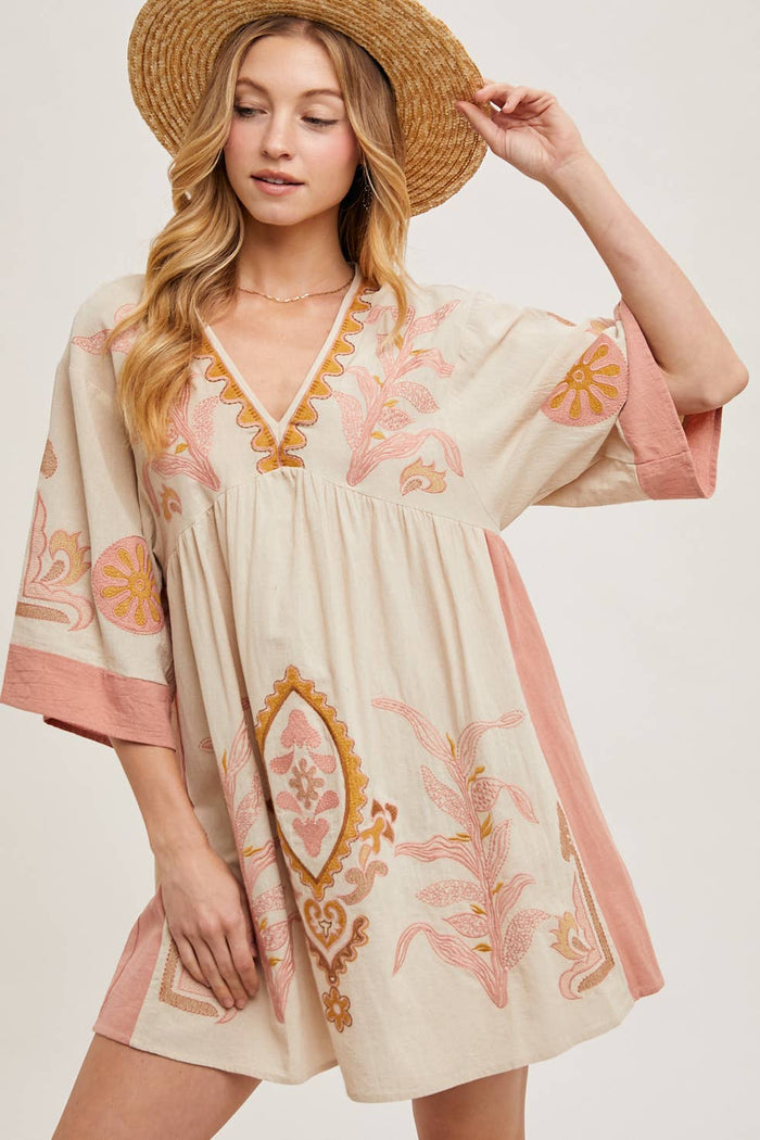 Boho Embroidered Babydoll Dress in Pink