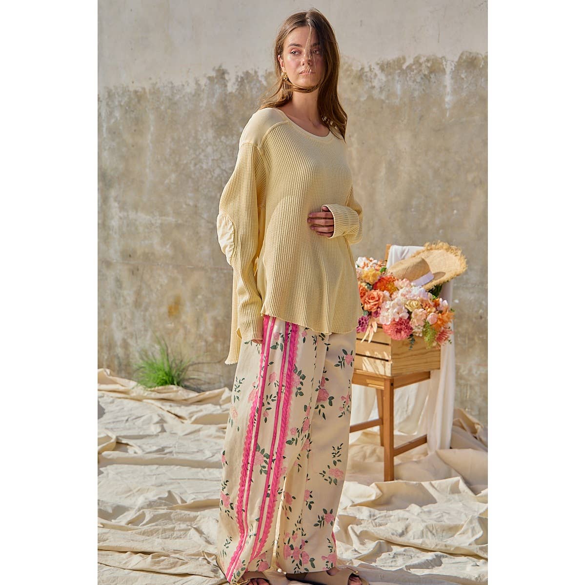 FLOWER PRINTED TWILL SIDE TRIM ELASTIC WAIST PANTS