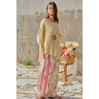 FLOWER PRINTED TWILL SIDE TRIM ELASTIC WAIST PANTS