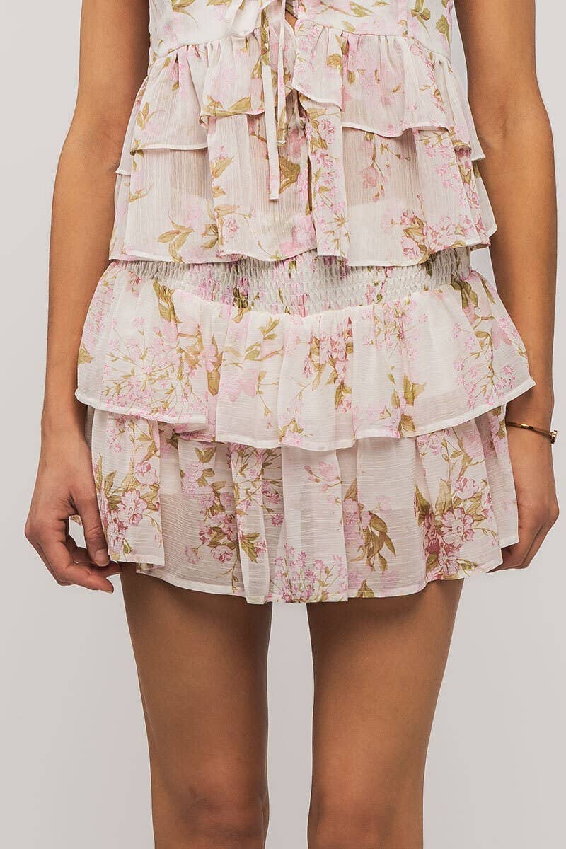 Ruffled Floral Summer Garden Mini Skirt in Pink