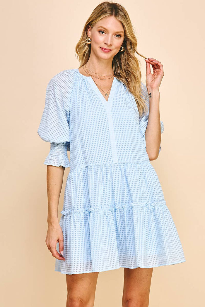 Short Sleeve Tiered Mini Dress in Baby Blue