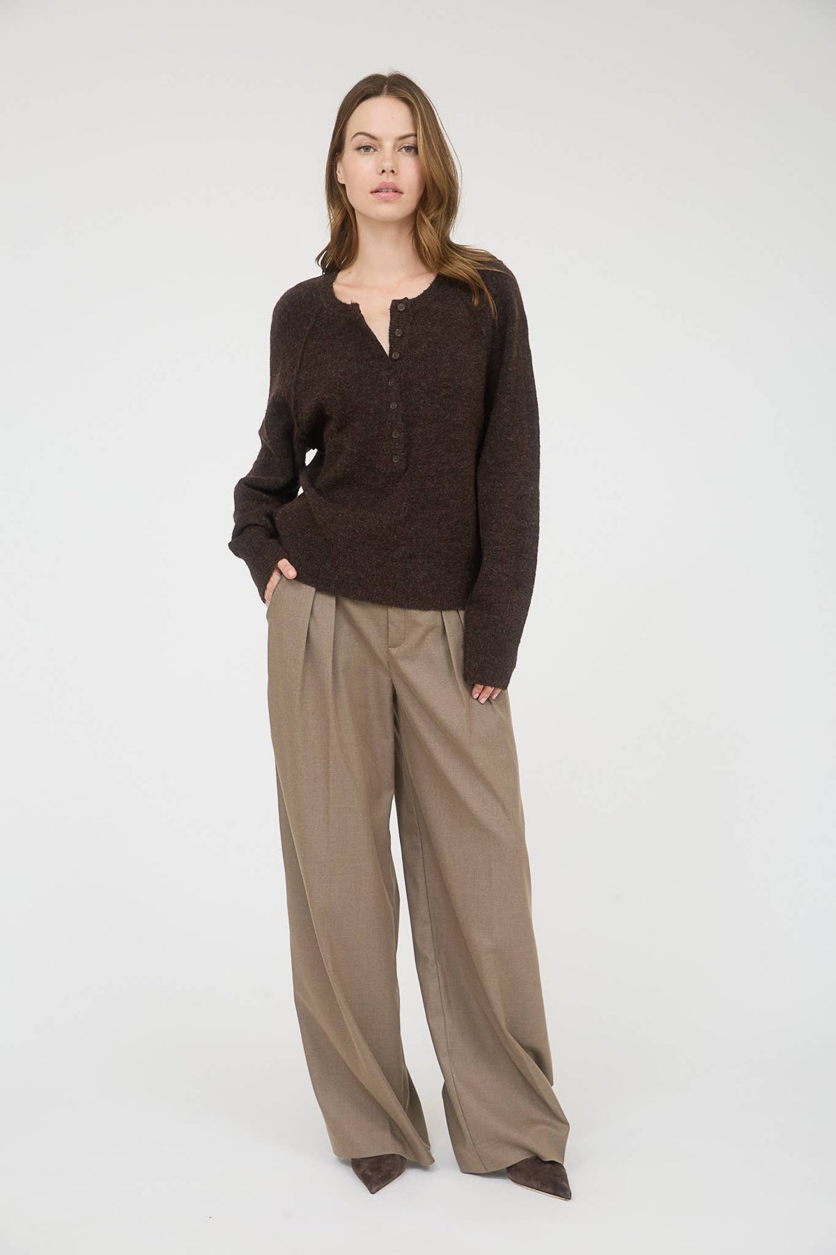 Lightweight Henley Knit Sweater in Brown