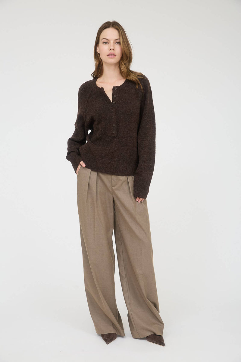 Lightweight Henley Knit Sweater in Brown