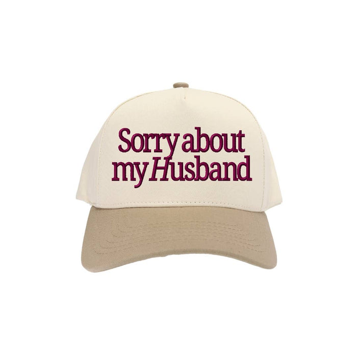 Sorry About my Husband Embroidered Trucker Hat in Beige