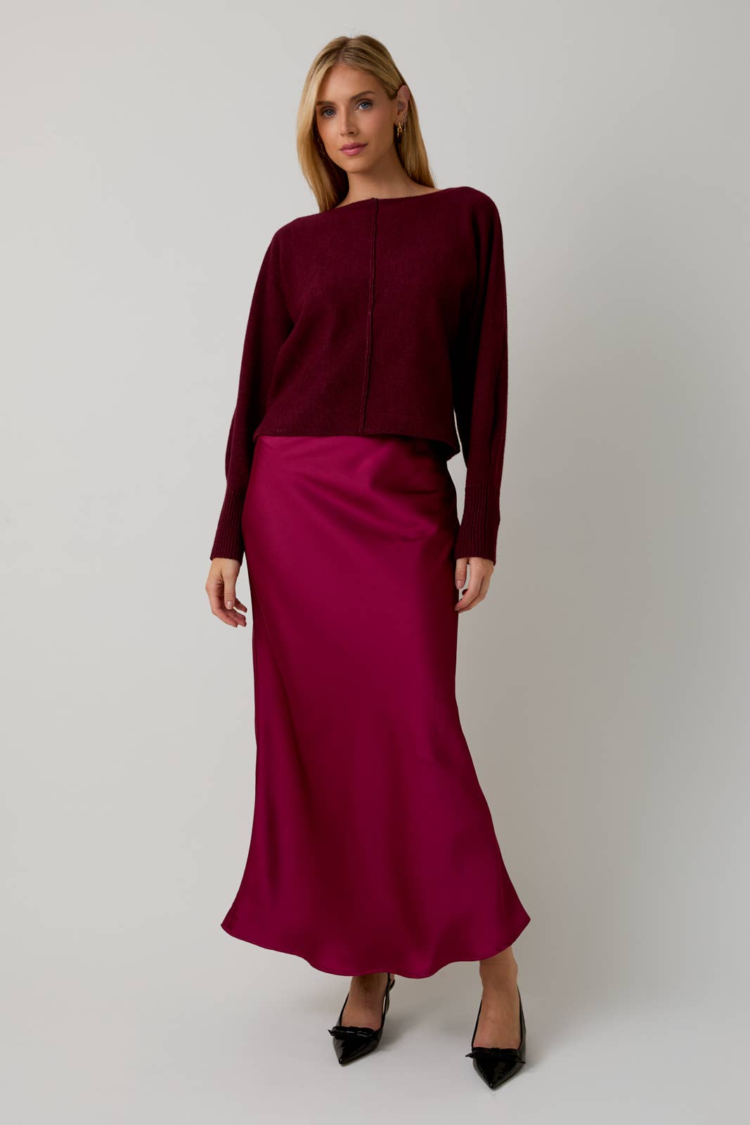 Bias Satin Midi Skirt In Cranberry