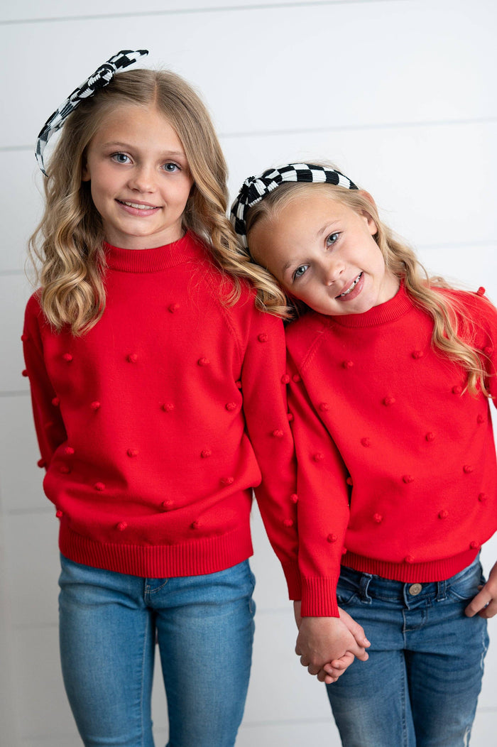 Kids Red Pom Pom Crewneck Sweater