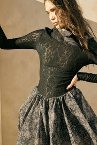 Sheer Lace Drop-Waist Bubble Mini Dress in Black