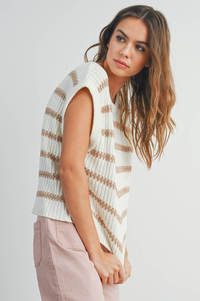 Crew Neck Striped Knit Tank Top in Ivory and Green