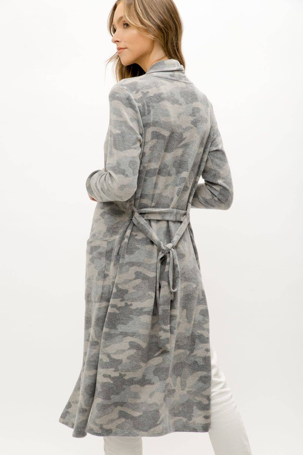 Tie-Waist Long Cardigan in Grey Camo