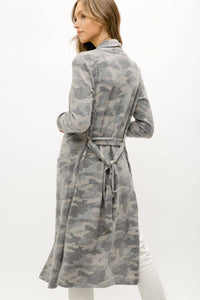 Tie-Waist Long Cardigan in Grey Camo