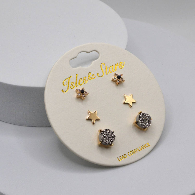 3 Pairs Small Stud Star with Stone/Metal Star/Druzy Earrings: Rose Gold