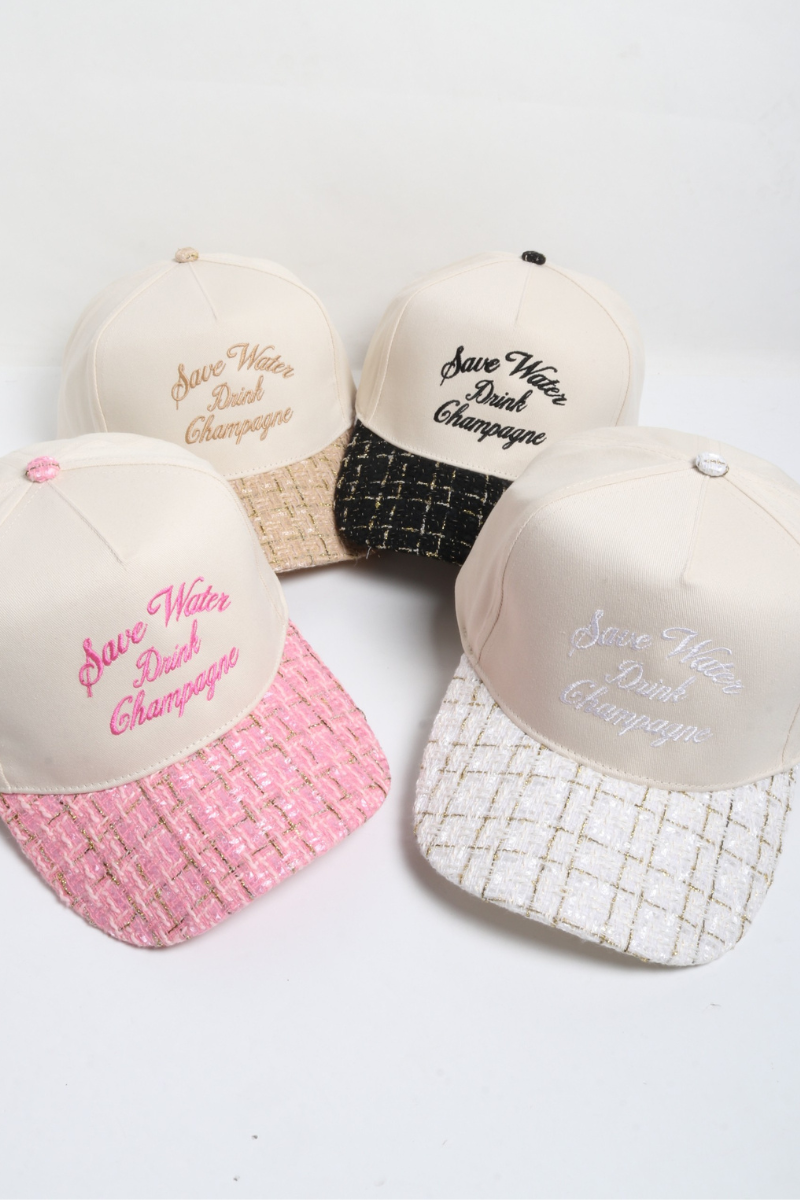 SAVE WATER DRINK CHAMPAGNE embroidered tweed brim cap: Beige