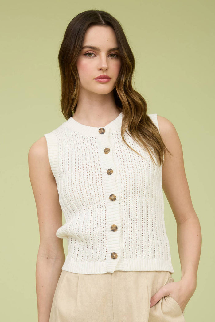 Crew Neck Button Down Sleeveless Knit Cardigan in Black
