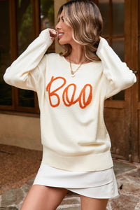 Boo Knitted Pattern Ribbed Edge Drop Shoulder Sweater: Apricot / L