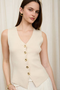 SEAMLESS V NECK GOLD BUTTON KNIT CARDIGAN VEST