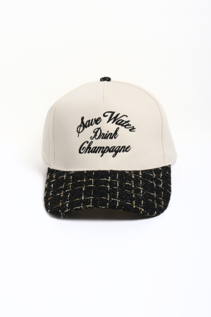 SAVE WATER DRINK CHAMPAGNE embroidered tweed brim cap: Beige