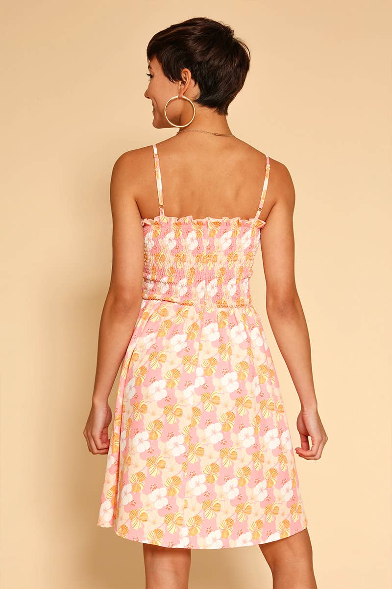 Smocked Floral Mini Dress Pink