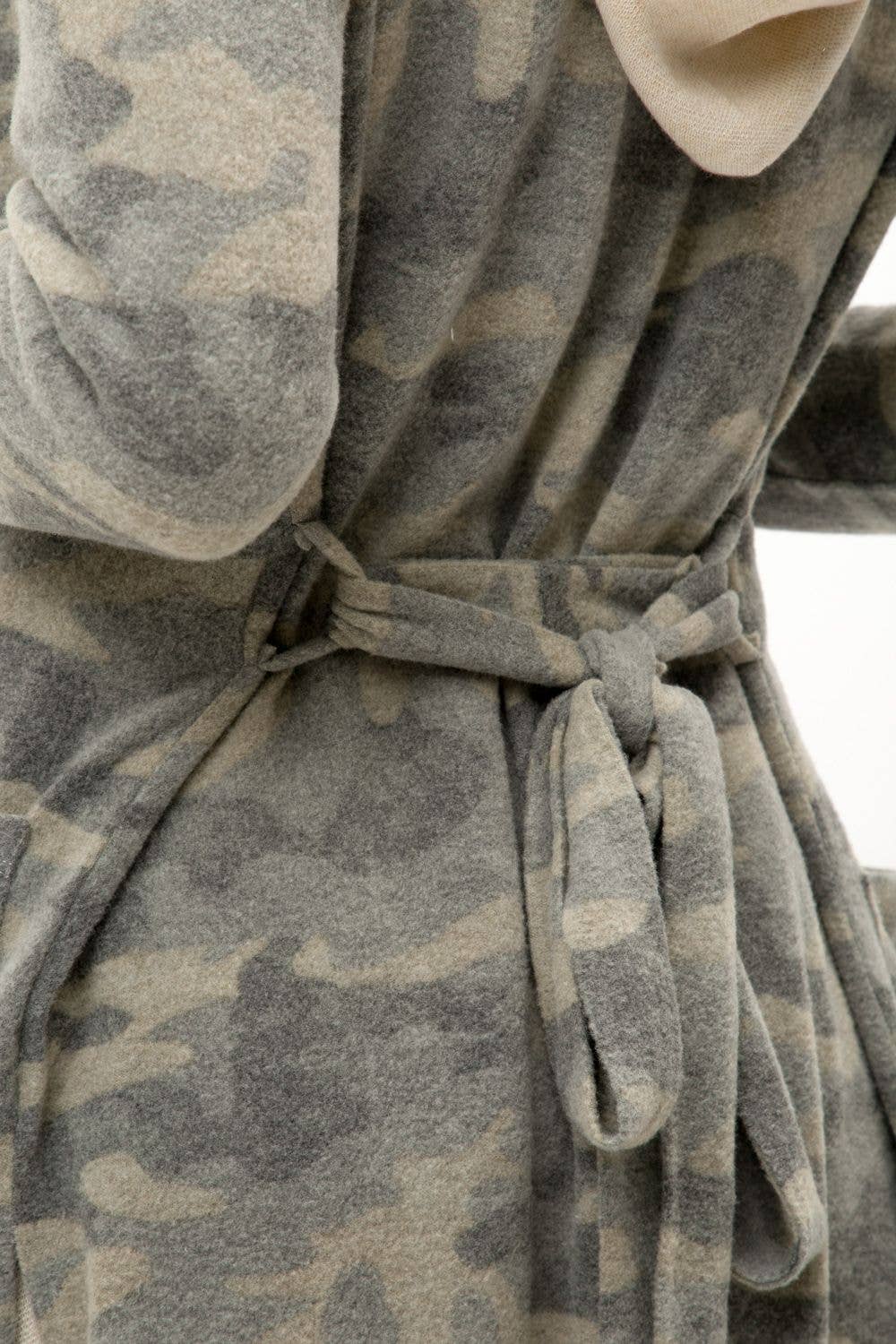 Tie-Waist Long Cardigan in Grey Camo