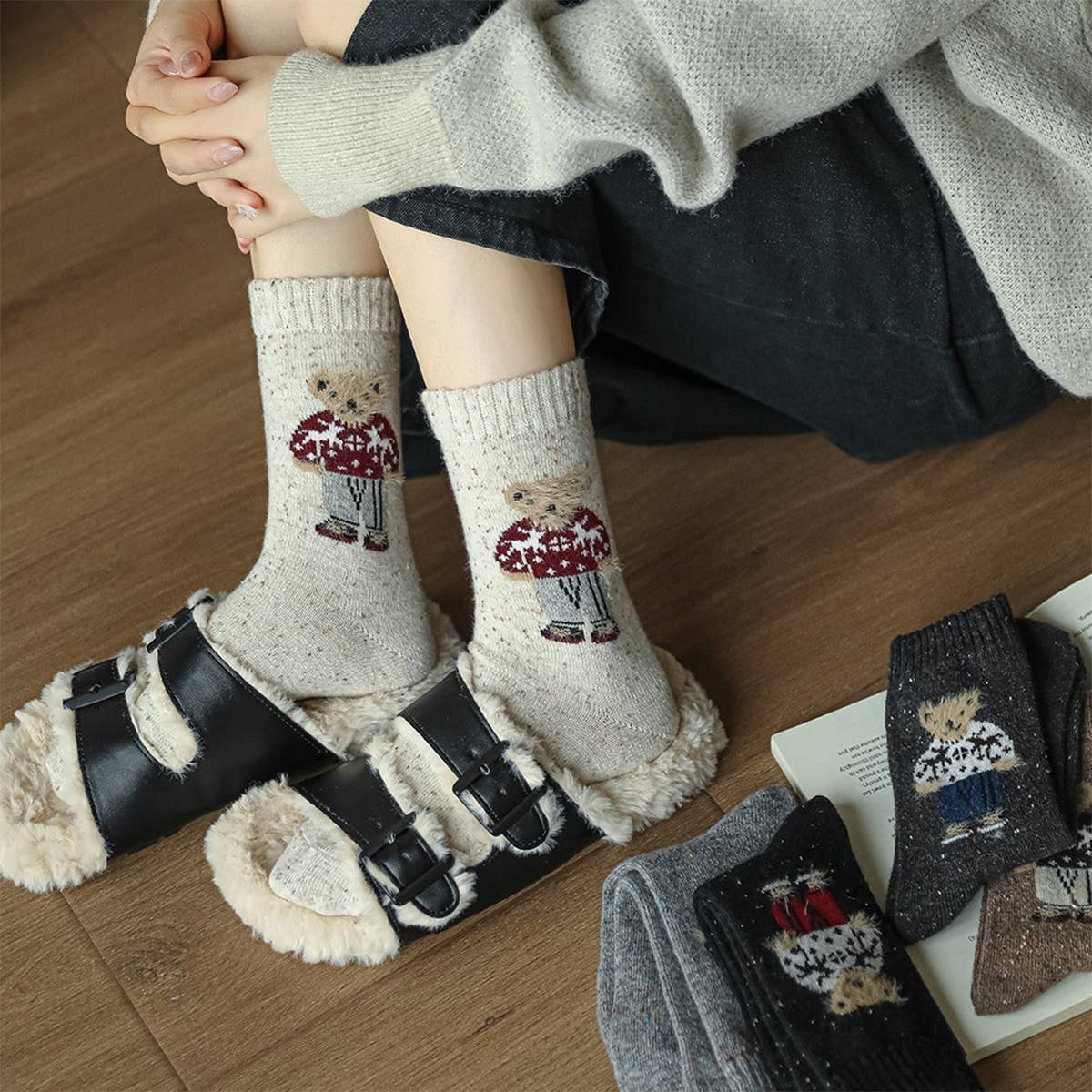 Thick Warm Wool Socks Bear Knit Crew Socks: DARKGREY