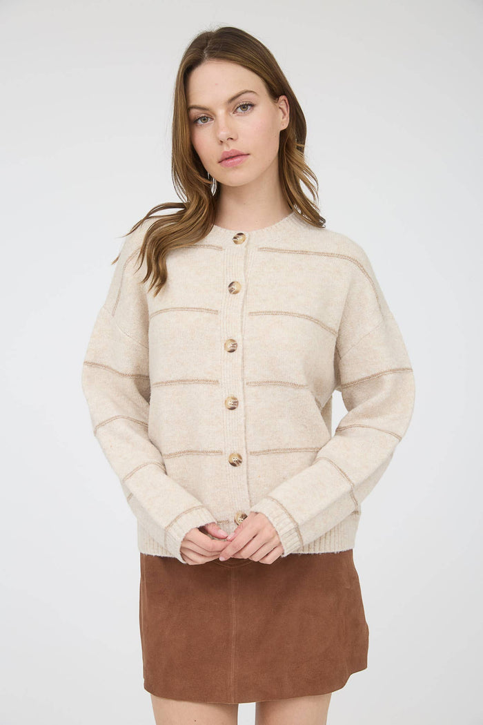 Thin Stripe Button Down Cardigan in Oatmeal