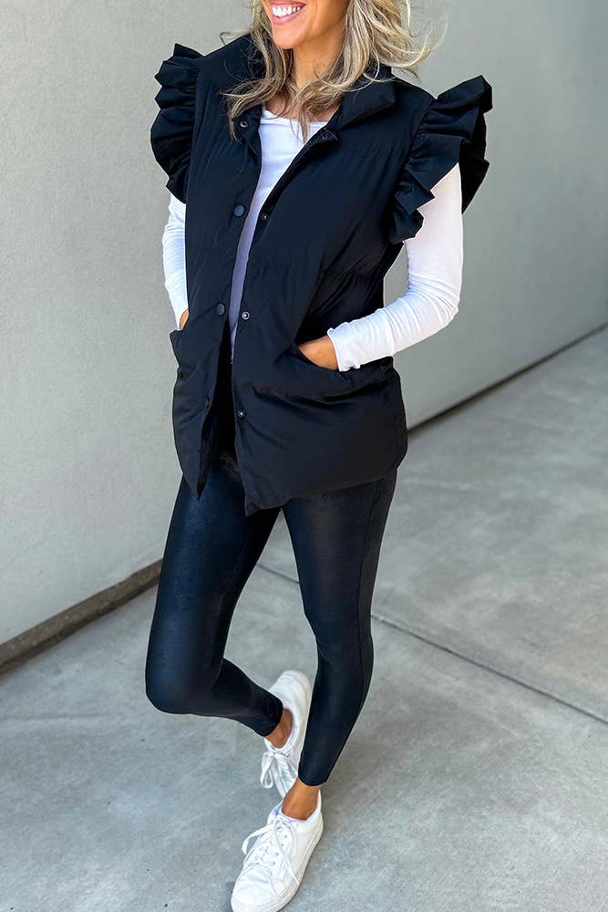 Flutter Sleeved Puff Vest in Black