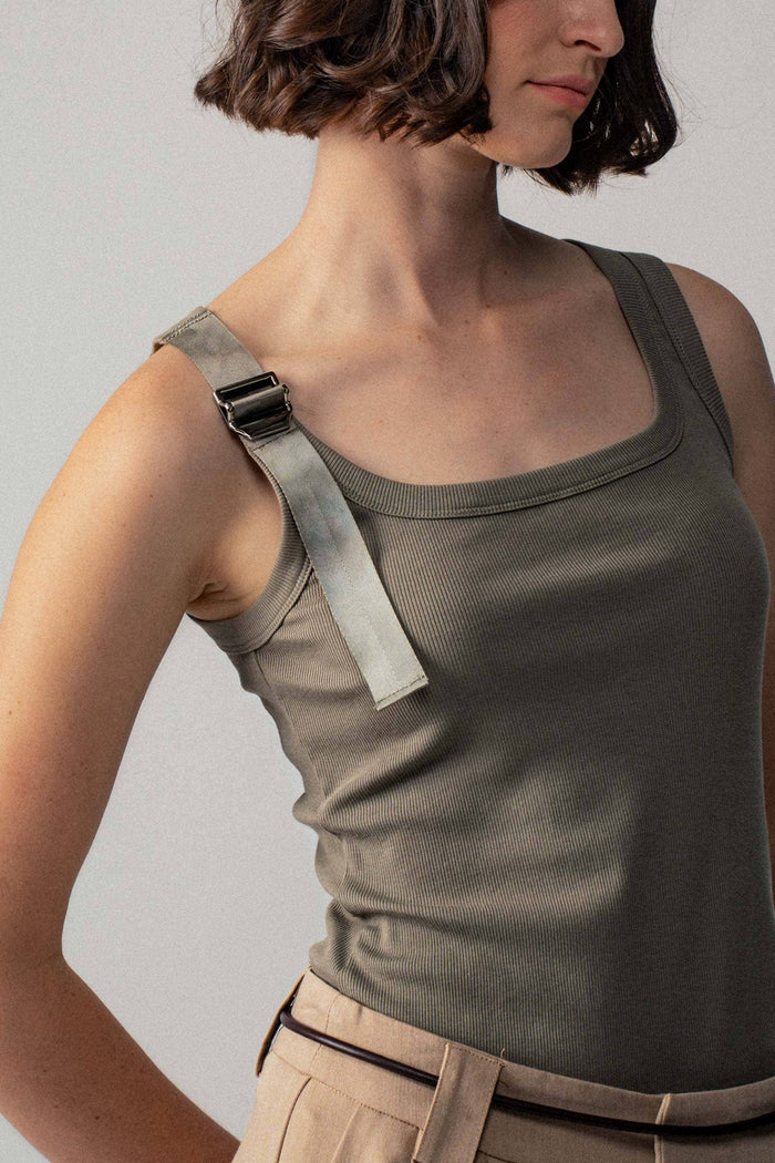 Ribbed Knit Tank Top with Buckle Strap in Olive