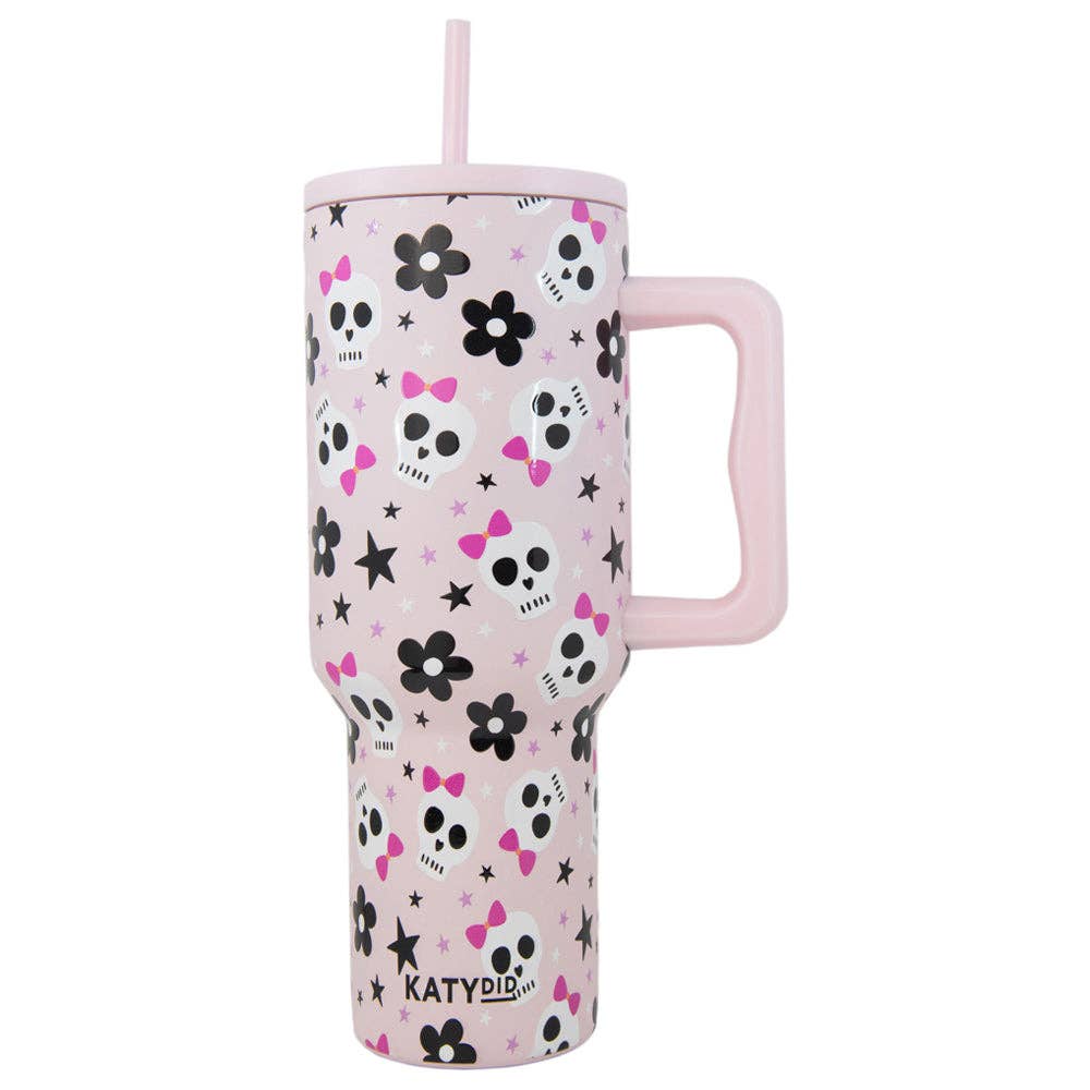 Skull Flower Bow Tumbler Cup in Light Pink