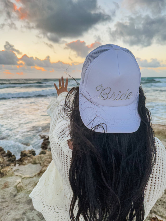 Bride Rhinestone Trucker Hat in White