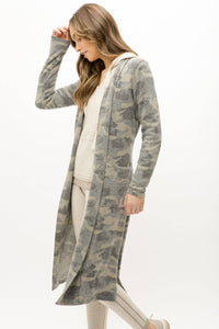 Tie-Waist Long Cardigan in Grey Camo