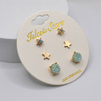 3 Pairs Small Stud Star with Stone/Metal Star/Druzy Earrings: Rose Gold